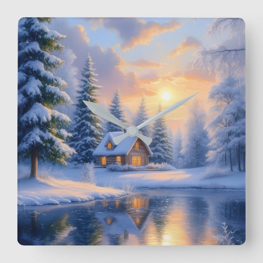 Winter Forest Cabin at Sunset Wall スクエア壁時計 (正面)