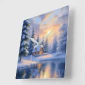 Winter Forest Cabin at Sunset Wall スクエア壁時計 (傾斜)