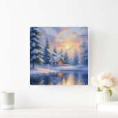 Winter Forest Cabin at Sunset Wall スクエア壁時計 (ホーム)