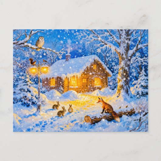 Winter Forest Cottage with Woodland Animals ポストカード (正面)