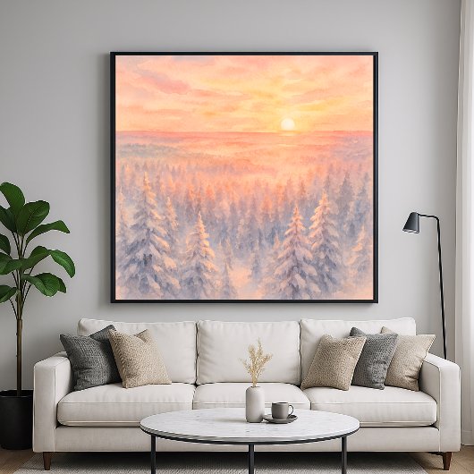 Winter Forest Landscape Sunset - Watercolor Style ポスター