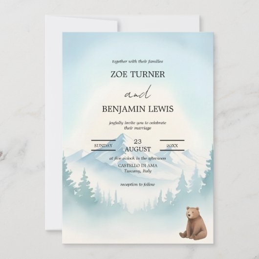 Winter Forest Mountain Bear Watercolor Wedding 招待状 (正面)