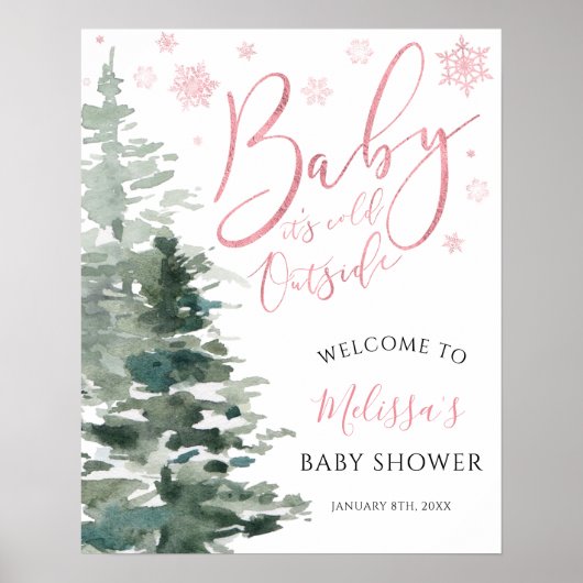 Winter Forest Pink It's Cold Outside Baby Shower ポスター (正面)