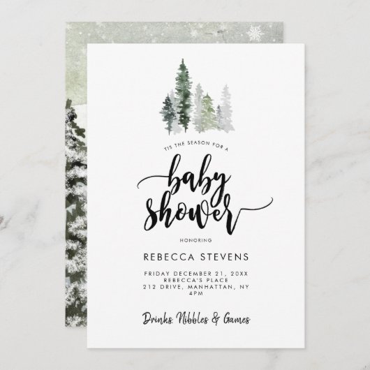 winter forest rustic baby shower invitation 招待状 (正面/裏面)