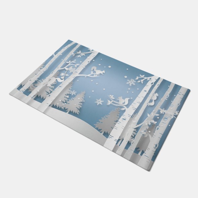 Winter Forest with Squirls Papercut ドアマット (アングル)