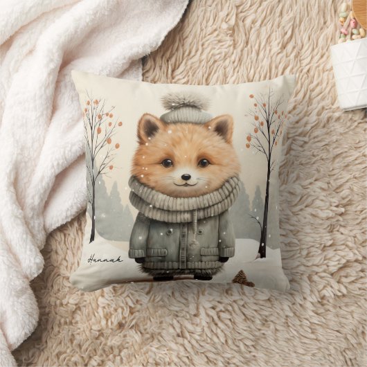 Winter Fox Throw Pillow Customized with Name クッション (ブランケット)