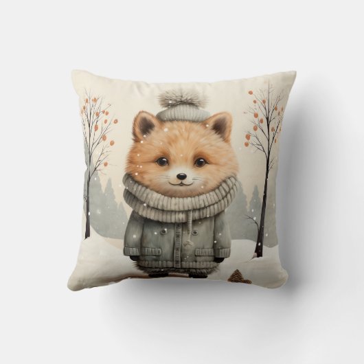 Winter Fox Throw Pillow Customized with Name クッション (裏面)