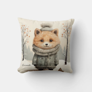 Winter Fox Throw Pillow Customized with Name クッション