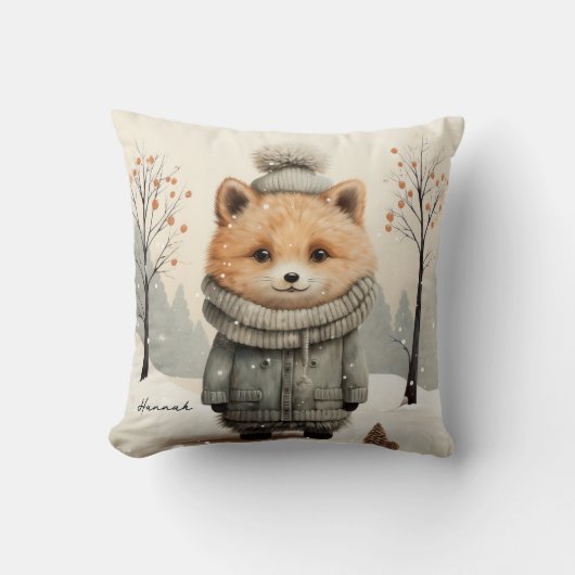 Winter Fox Throw Pillow Customized with Name クッション (正面)
