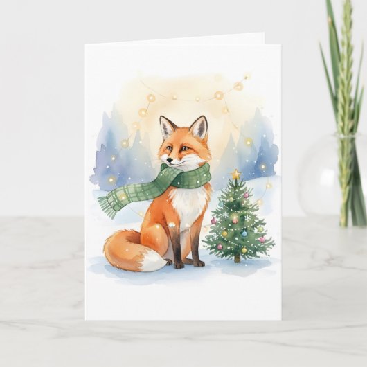Winter Fox with Green Scarf and Christmas Tree カード (正面)