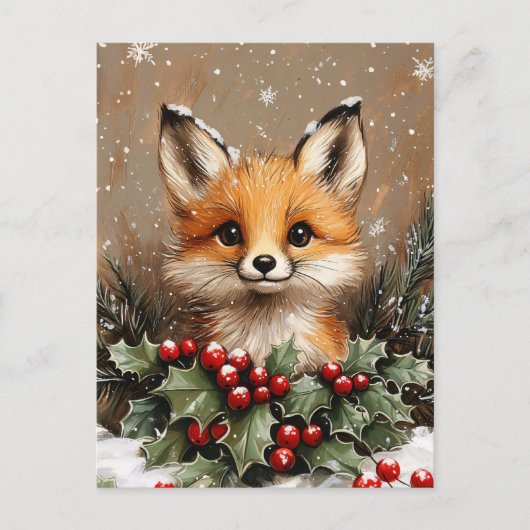 Winter Fox with Holly and Snowy Pine ポストカード (正面)