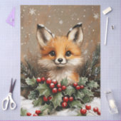Winter Fox with Holly and Snowy Pine 薄葉紙 (クラフト)