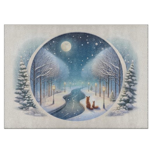 Winter Foxes by Moonlit Snowy River カッティングボード (正面)