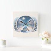 Winter Foxes by Moonlit Snowy River スクエア壁時計 (ホーム)
