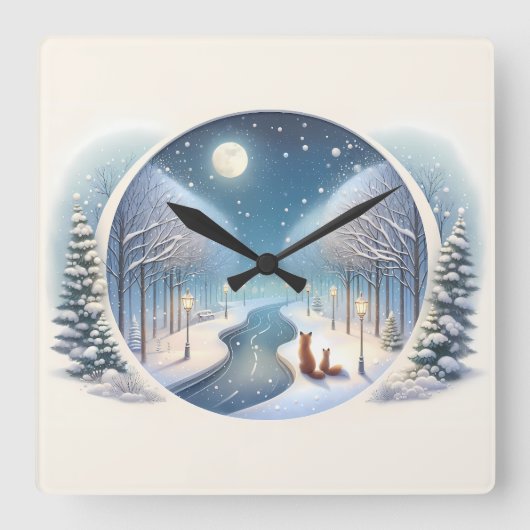 Winter Foxes by Moonlit Snowy River スクエア壁時計 (正面)