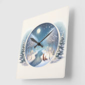 Winter Foxes by Moonlit Snowy River スクエア壁時計 (傾斜)