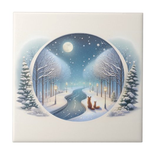 Winter Foxes by Moonlit Snowy River タイル (正面)