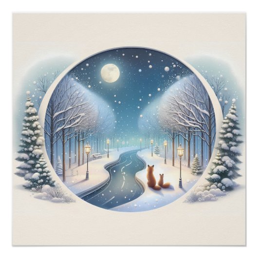 Winter Foxes by Moonlit Snowy River ポスター (正面)