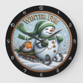 Winter Fun Snowman Sledding Robin ラージ壁時計 (正面)
