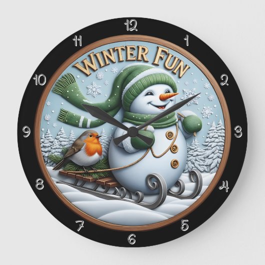 Winter Fun Snowman Sledding Robin  ラージ壁時計 (正面)