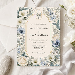 Winter Garden Wedding | ブルーアイボリーの花のモノグラム 招待状