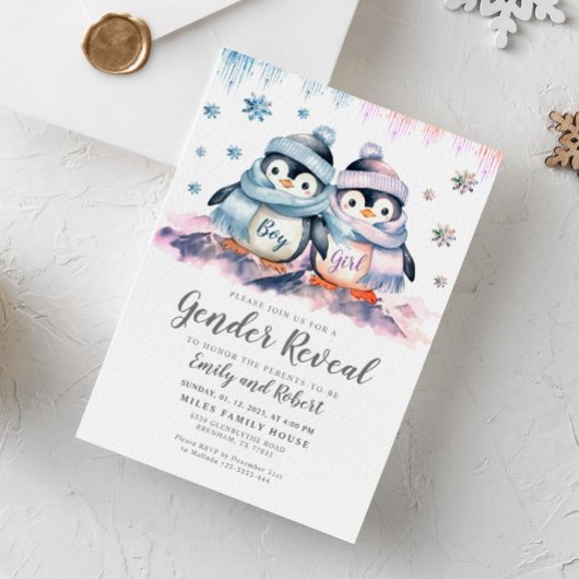 Winter Gender Reveal, Baby Shower Penguin 招待状