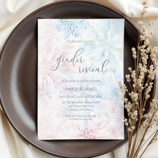 Winter Gender Reveal Party Pink Blue Snowflake 招待状