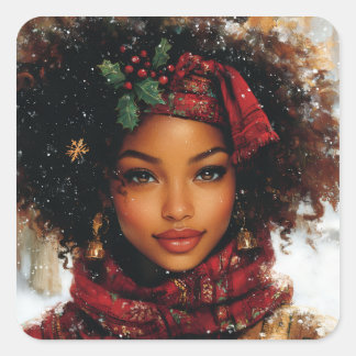 Winter Glow Afrocentric Queen – Holiday Art スクエアシール