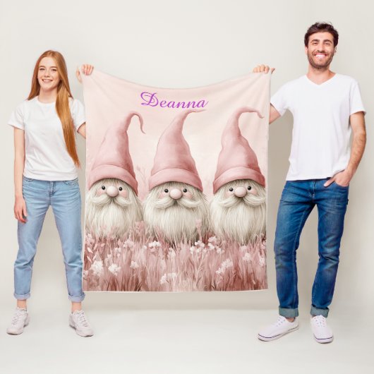 Winter Gnomes Pink Hats White Flowers フリースブランケット (インサイチュ)