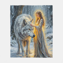 Winter Goddess & White Wolf フリースブランケット