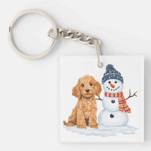 Winter Goldendoodle Dog Cute Snowman キーホルダー (正面)