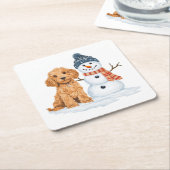 Winter Goldendoodle Dog Cute Snowman スクエアペーパーコースター (アングル)