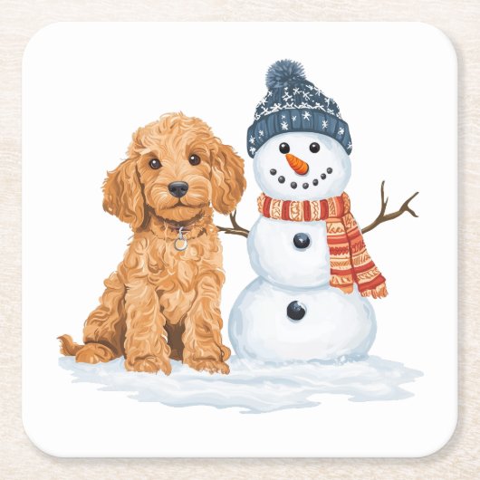 Winter Goldendoodle Dog Cute Snowman スクエアペーパーコースター (正面)