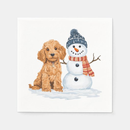 Winter Goldendoodle Dog Cute Snowman スタンダードカクテルナプキン (正面)