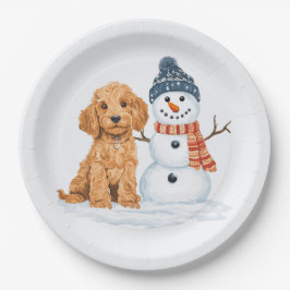 Winter Goldendoodle Dog Cute Snowman ペーパープレート