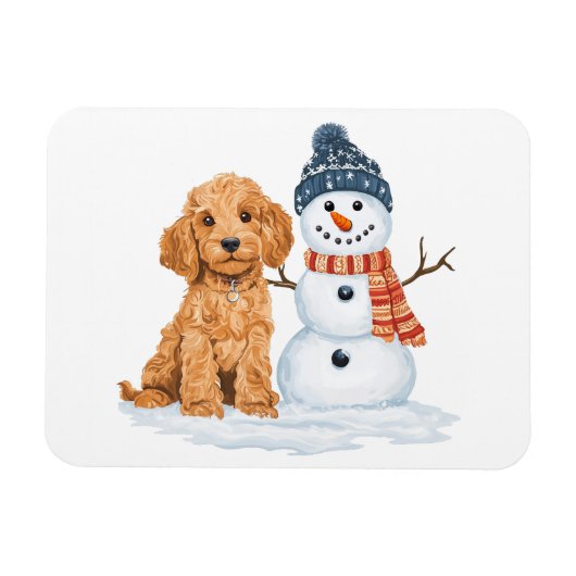 Winter Goldendoodle Dog Cute Snowman マグネット (横)