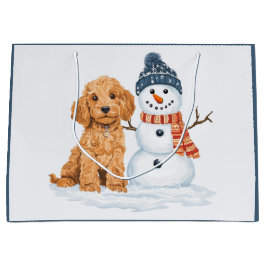 Winter Goldendoodle Dog Cute Snowman ラージペーパーバッグ