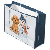 Winter Goldendoodle Dog Cute Snowman ラージペーパーバッグ (正面アングル)