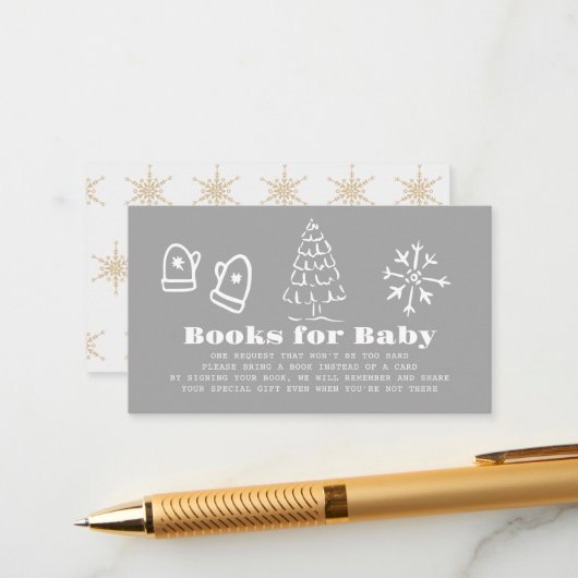 Winter Gray Hand-Drawn Baby Shower Book Request エンクロージャーカード (正面/裏面インサイチュ)