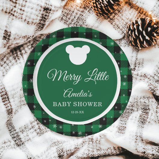 Winter Green Plaid Merry Little Baby Shower ペーパープレート