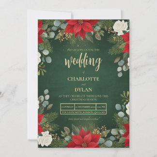 Winter Green Velvet Christmas Floral Wedding 招待状
