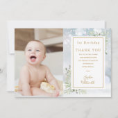 Winter Greenery 1st Birthday Photo サンキューカード (正面)