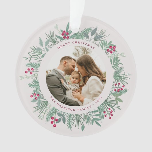 Winter Greenery Christmas Photo Wreath Ornament オーナメント (正面)
