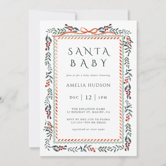 Winter Greenery Frame Santa Baby Shower            招待状 (正面)