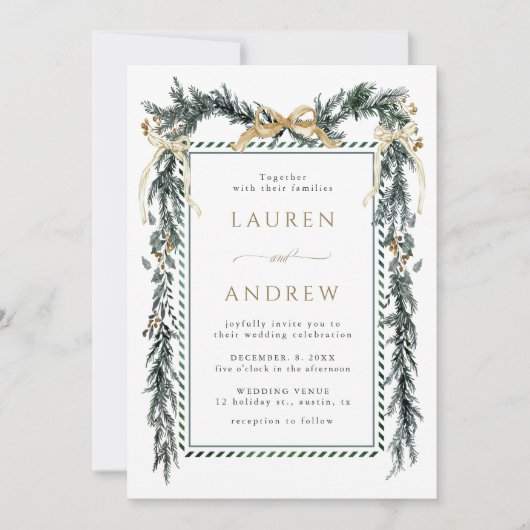 Winter Greenery Garland Wedding Gold & Green 招待状 (正面)