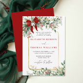 Winter Greenery Red Bow Bells Rustic Frame Wedding 招待状