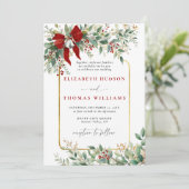 Winter Greenery Red Bow Bells Rustic Frame Wedding 招待状 (スタンド正面)