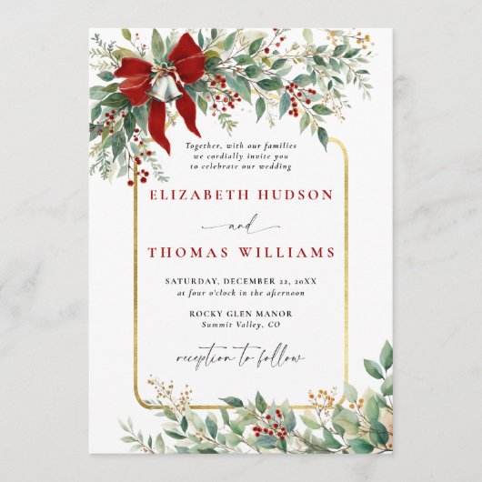 Winter Greenery Red Bow Bells Rustic Frame Wedding 招待状 (正面)