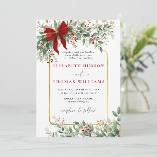 Winter Greenery Red Bow Rustic *Gold Frame Wedding 招待状 (スタンド正面)