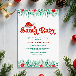 Winter Greenery Retro Script Santa Baby Shower 招待状